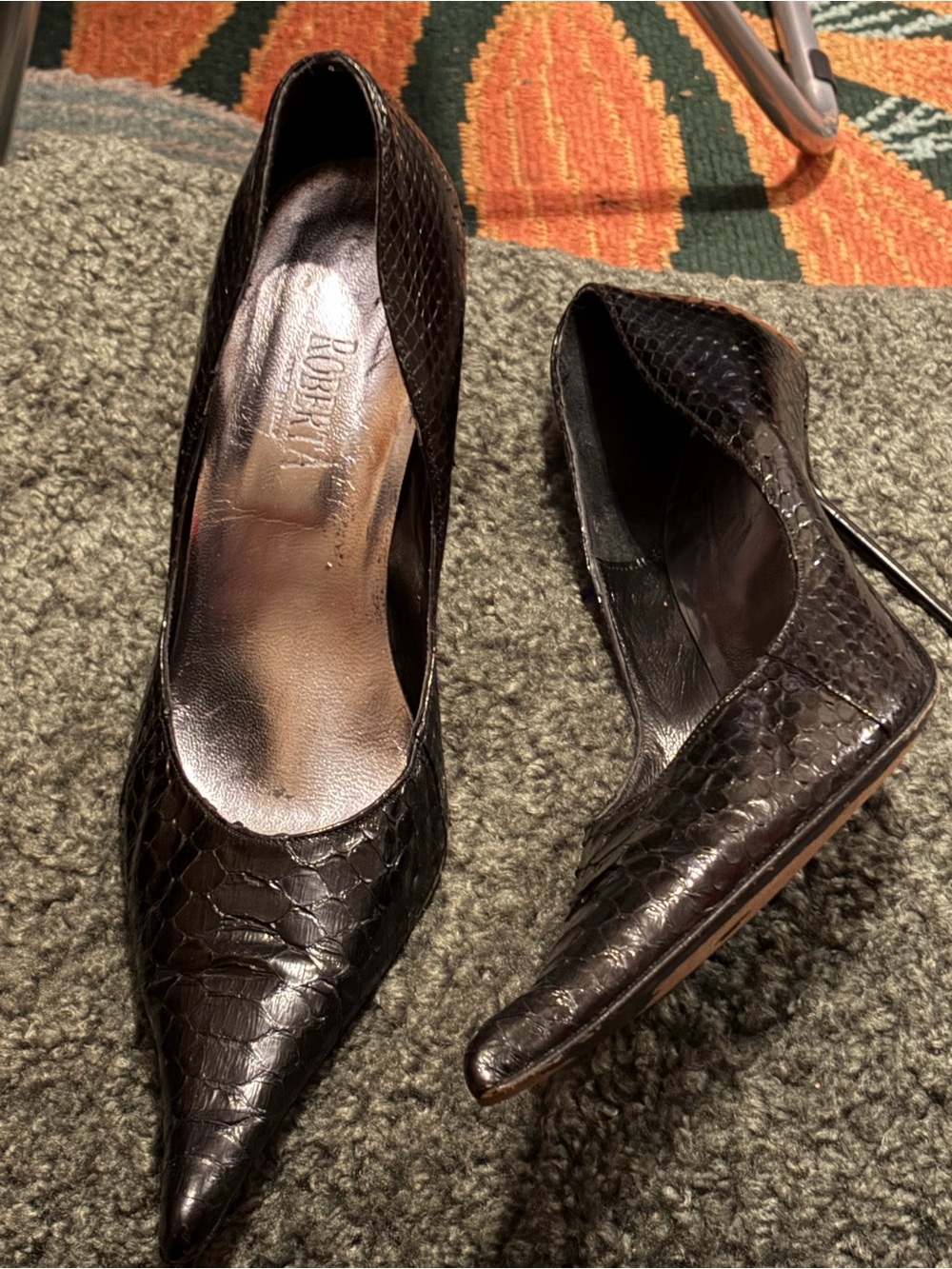 Roberta Sz 40 EU Pointed Toe Black Leather Croc Pumps Made In Italy - Picture 2 of 11